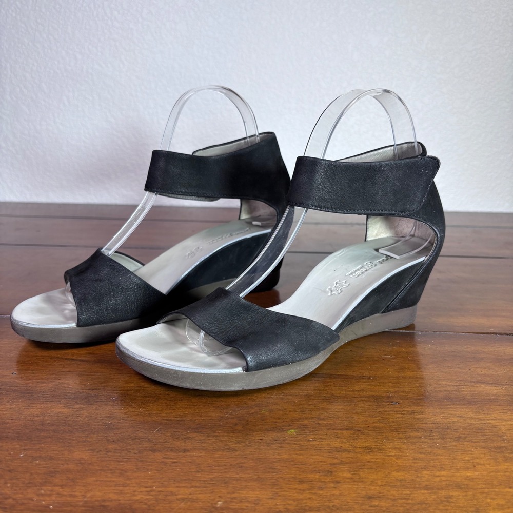 Paul Green Wedge Sandals Womens 6.5 Black Leather Ankle Strap Made in Austria